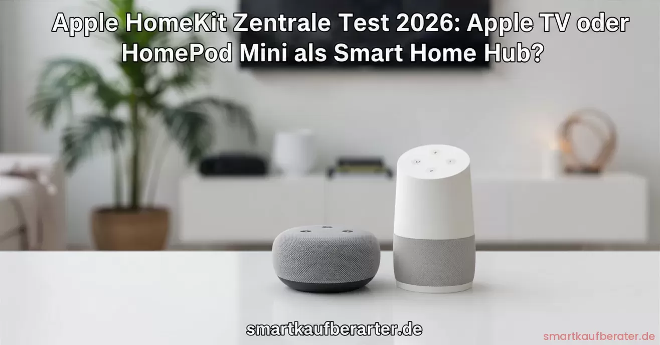 Eine moderne Apple HomeKit Steuerzentrale im Wohnzimmer, bestehend aus einem Apple TV 4K und einem HomePod Mini auf einem Sideboard neben dem Fernseher.
