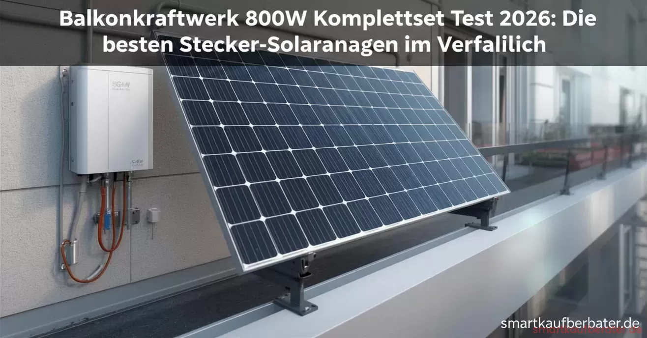 Balkonkraftwerk 800W Komplettset Test 2026: Die besten Stecker-Solaranlagen im Vergleich 2 Ein installiertes Balkonkraftwerk 800W Komplettset an einer modernen Balkonbrüstung, bestehend aus zwei Solarmodulen, Halterung und einem Smartphone mit Ertrags-App.
