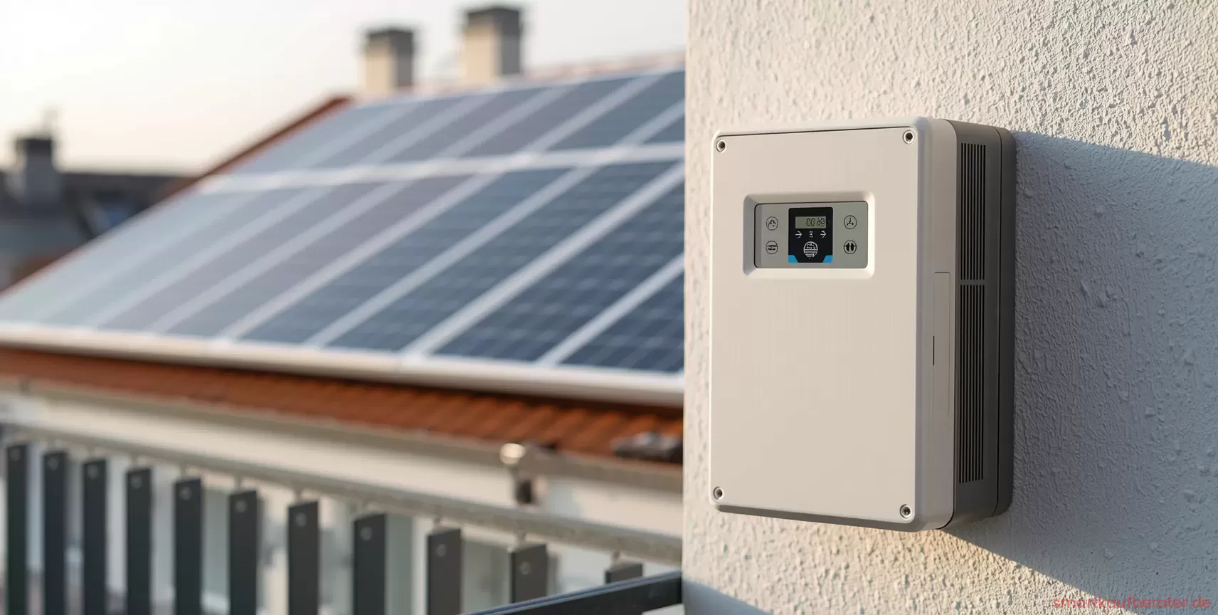 Balkonkraftwerk Wechselrichter 800W Test 2026: Die besten smarten Mikrowechselrichter 2 Ein moderner, robuster 800W Mikrowechselrichter an einer Balkonhalterung montiert, im Hintergrund Solarmodule und ein Smartphone mit einer App zur Echtzeit-Ertragsmessung.