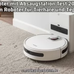 Ein moderner Saugroboter mit Absaugstation auf einem hellen Holzboden im Wohnzimmer, daneben ein Smartphone mit einer Steuerungs-App.