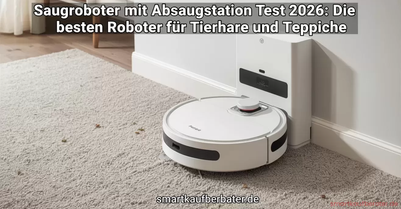 Saugroboter mit Absaugstation Test 2026: Die besten Roboter für Tierhaare und Teppiche 2 Ein moderner Saugroboter mit Absaugstation auf einem hellen Holzboden im Wohnzimmer, daneben ein Smartphone mit einer Steuerungs-App.