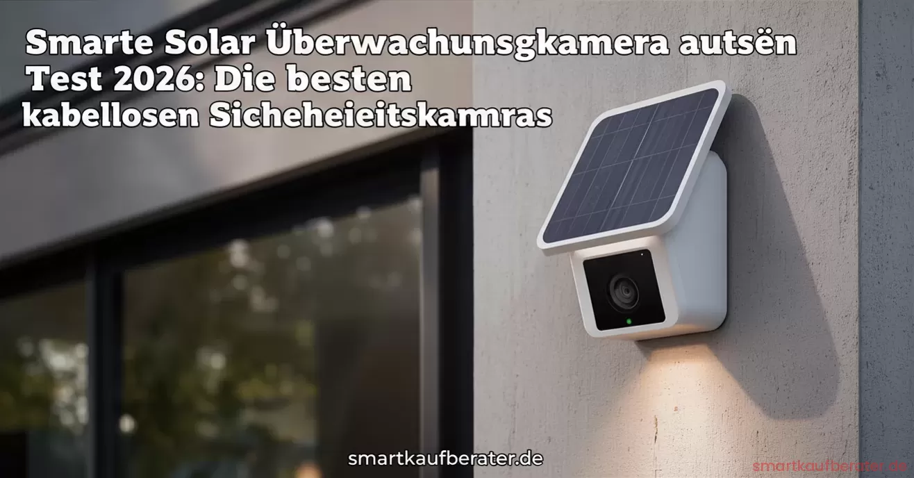 Smarte Solar Überwachungskamera außen Test 2026: Die besten kabellosen Sicherheitskameras 2 Eine moderne smarte Solar Überwachungskamera für außen, montiert an einer Hauswand unter dem Dach, mit integriertem Solarpanel und einem Smartphone mit Live-Stream im Vordergrund.