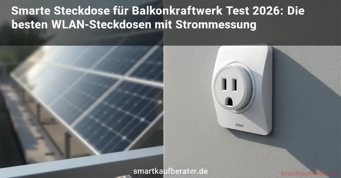 Smarte Steckdose für Balkonkraftwerk Test 2026: Die besten WLAN-Steckdosen mit Strommessung 2 Eine smarte WLAN-Steckdose mit Strommessung in einer Außensteckdose, an die das Stromkabel eines Balkonkraftwerks angeschlossen ist, mit einer Ertrags-App auf dem Smartphone im Vordergrund.