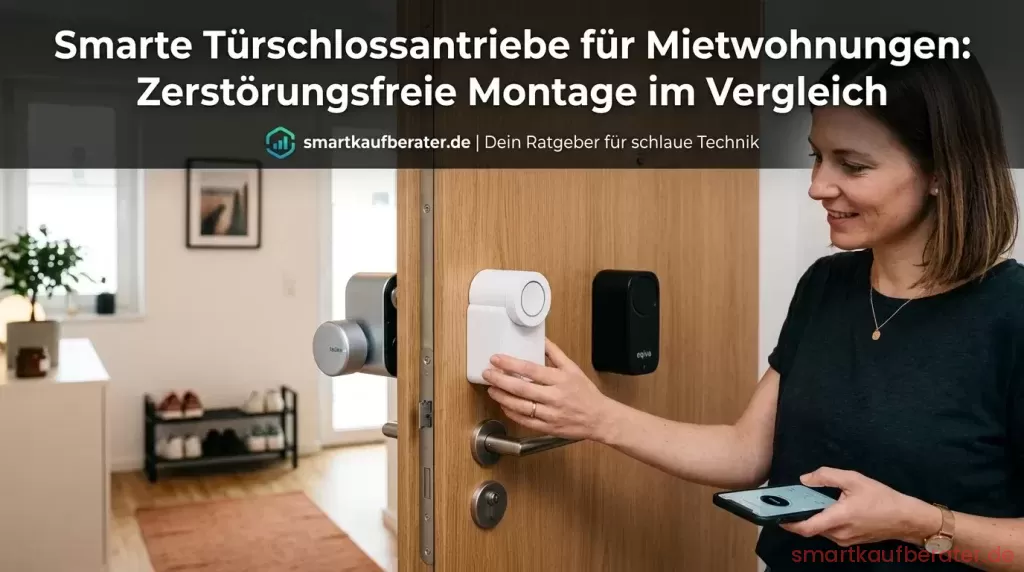 Smarte Türschlossantriebe für Mietwohnungen: Zerstörungsfreie Montage im Vergleich 1 Smartes Tuerschloss ohne Bohren an einer Mietwohnungstuer im Test