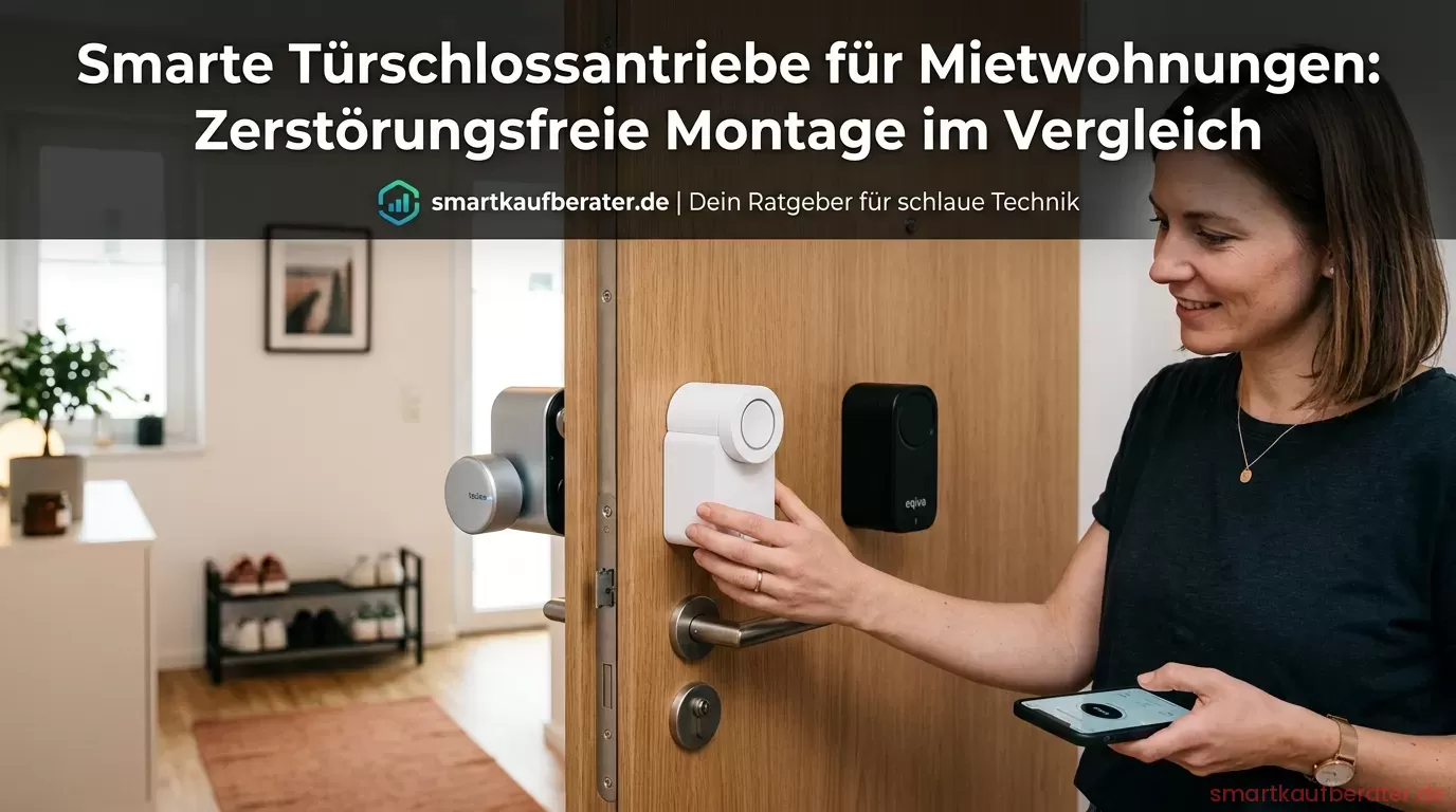Smarte Türschlossantriebe für Mietwohnungen: Zerstörungsfreie Montage im Vergleich 3 Smartes Tuerschloss ohne Bohren an einer Mietwohnungstuer im Test