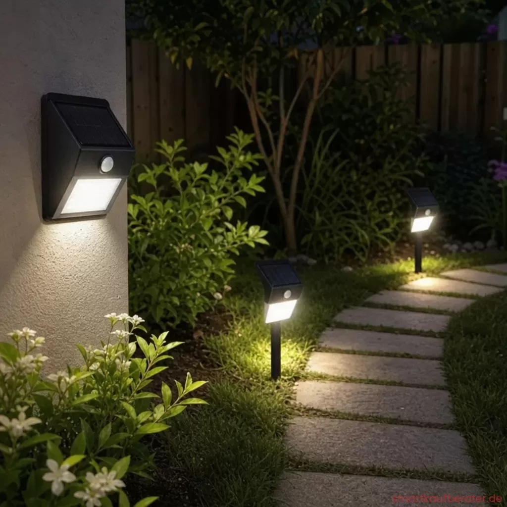 Vorteile von Solarleuchten mit Bewegungsmelder Moderne Solarleuchten mit Bewegungsmelder im Garten an einer Hauswand