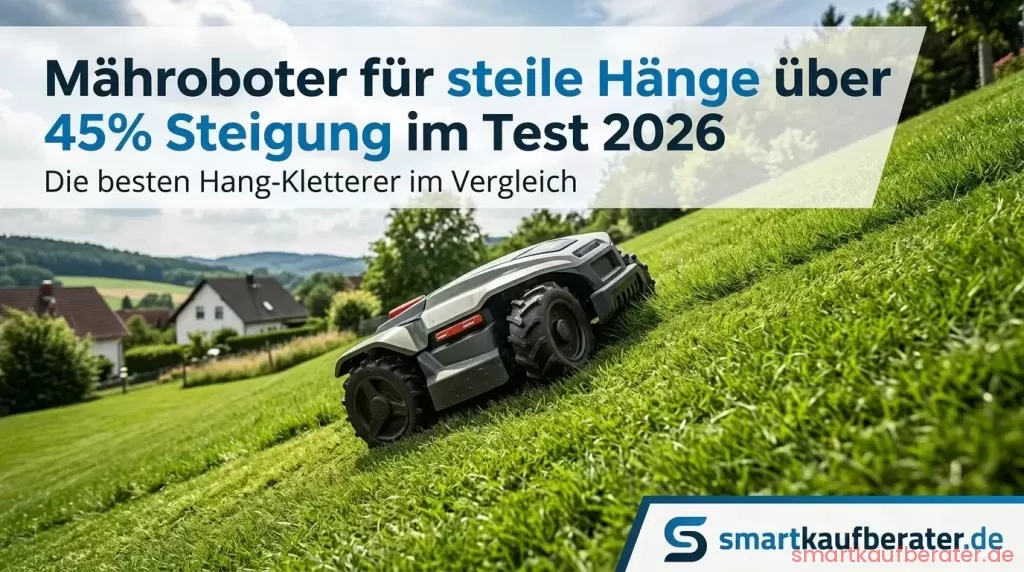 Mähroboter für steile Hänge über 45% Steigung im Test 2026: Die besten Hang-Kletterer 1 Rasenroboter mit Stollenprofil Reifen fuer extreme Steigungen im Vergleich