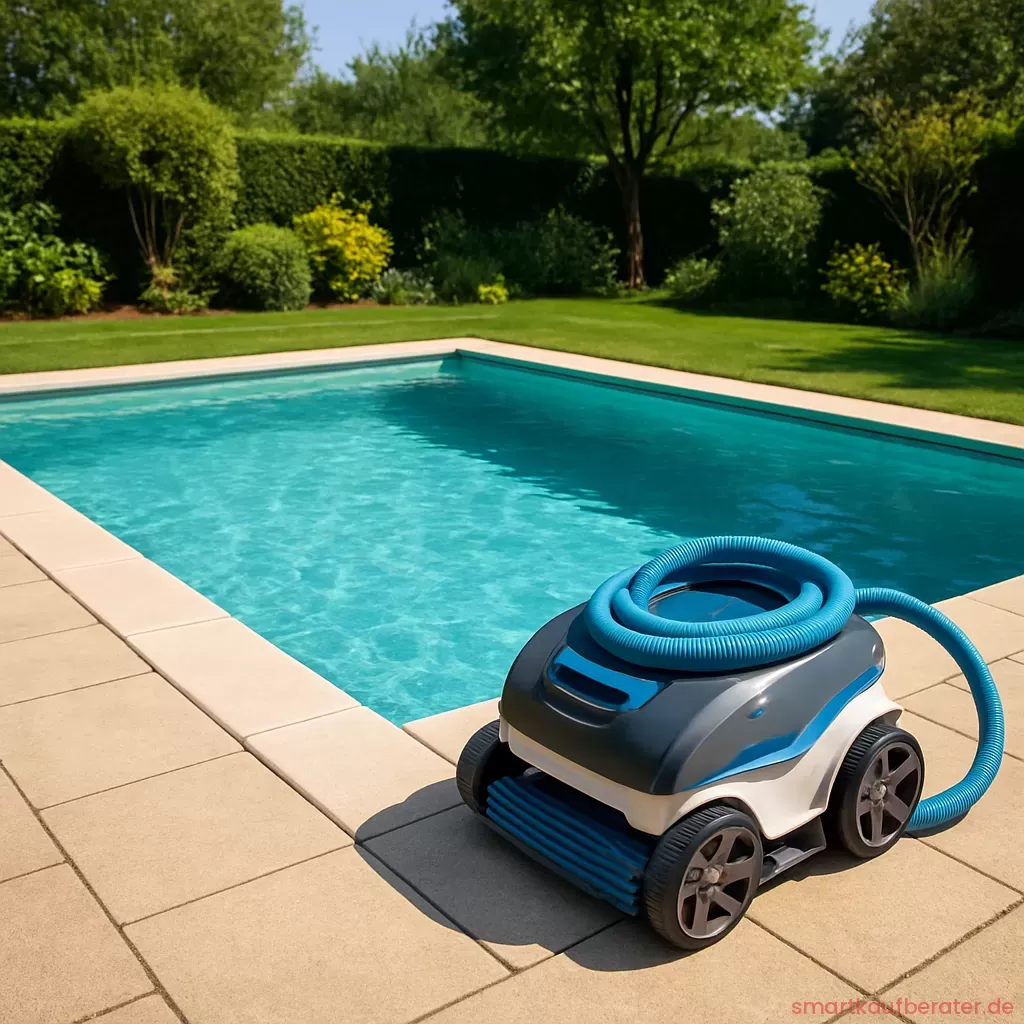 Effektive Poolreinigung mit automatischen Saugern Moderner Poolroboter reinigt vollautomatisch den blauen Poolboden unter Wasser