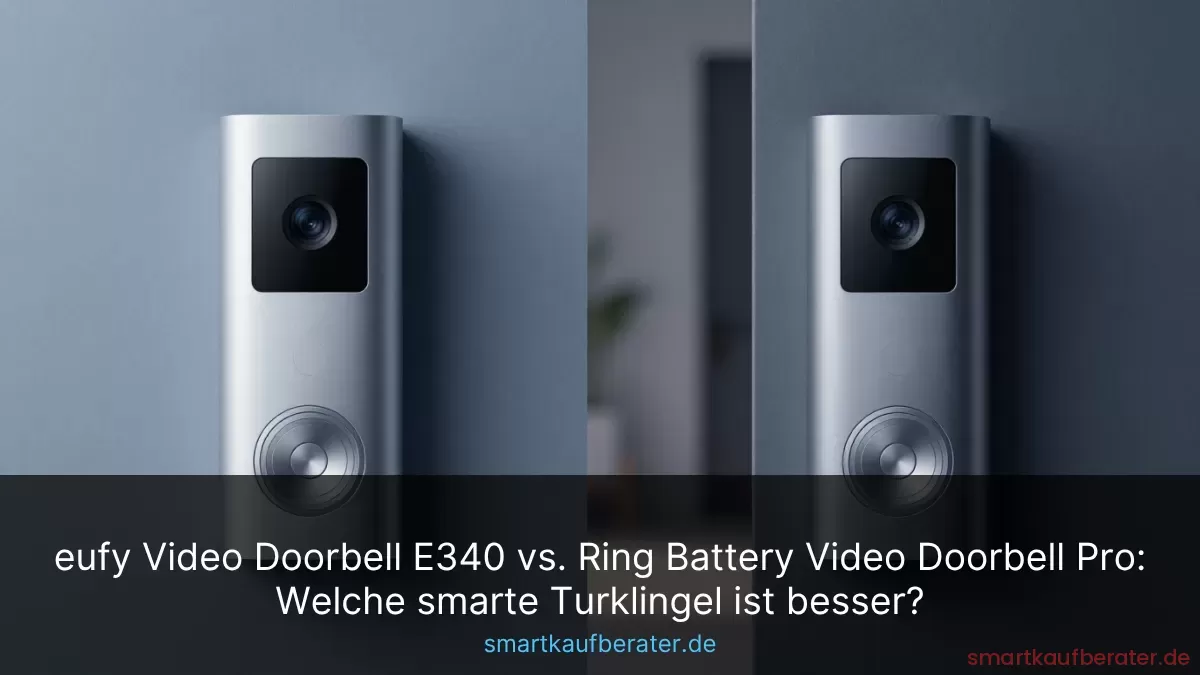eufy Video Doorbell E340 vs. Ring Battery Video Doorbell Pro: Welche smarte Türklingel ist besser? 2 eufy Video Doorbell E340 und Ring Battery Video Doorbell Pro im direkten technischen Vergleich an einer Hauswand