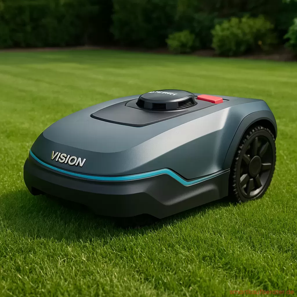 Moderner Vision Mähroboter mit KI Kamera Navigation auf einer Rasenfläche