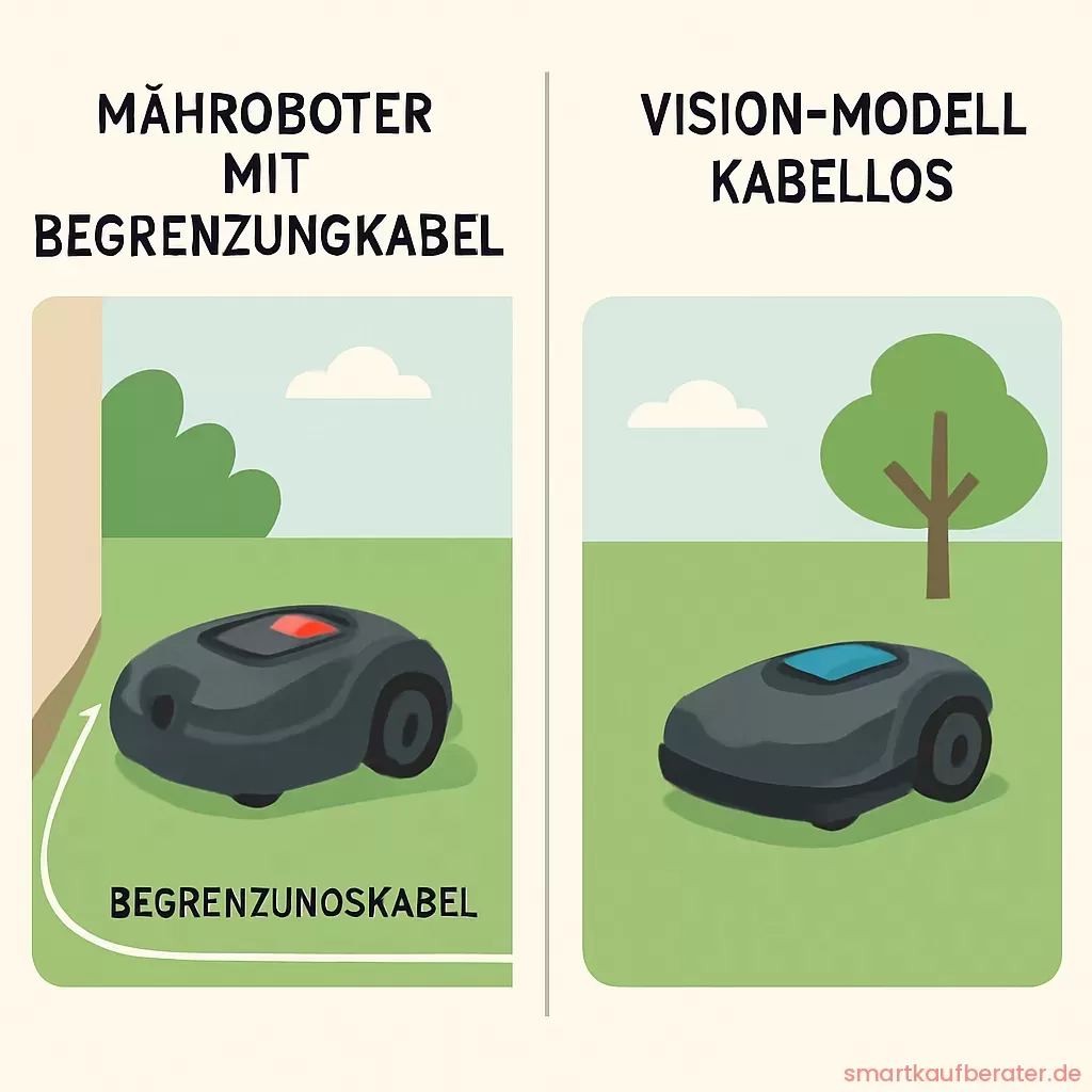 Vergleich zwischen Kamera Navigation und klassischem Begrenzungsdraht beim Rasenmähen