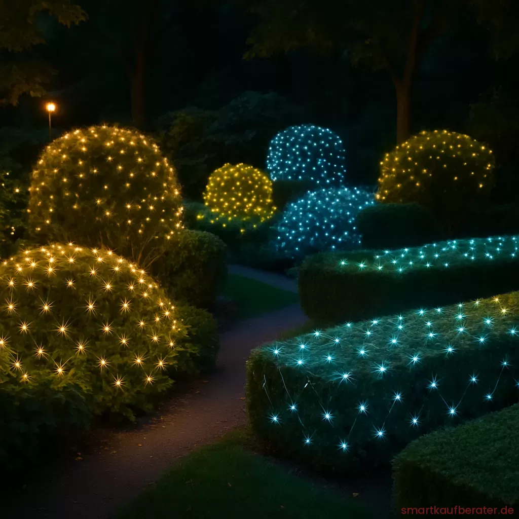 Stimmungsvolles LED Netz Outdoor auf einer Gartenhecke am Abend
