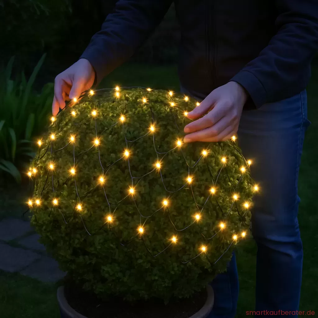 Schritt für Schritt Installation eines LED Lichtnetzes auf einer Gartenhecke