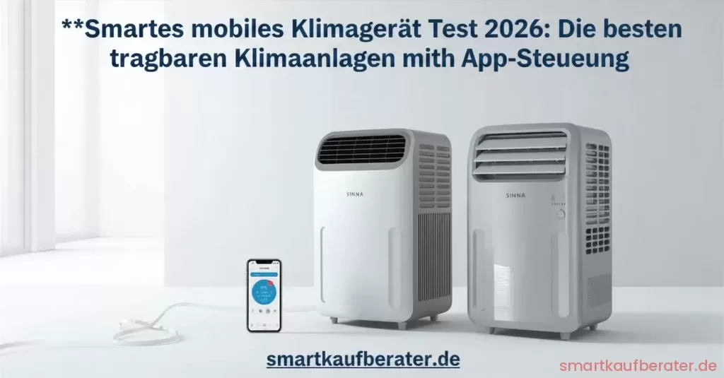Smartes mobiles Klimagerät Test 2026: Top Modelle im Vergleich 1 Ein modernes smartes mobiles Klimagerät im Wohnzimmer neben dem Fenster mit geöffneter App auf einem Smartphone.