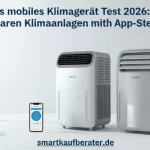 Ein modernes smartes mobiles Klimagerät im Wohnzimmer neben dem Fenster mit geöffneter App auf einem Smartphone.