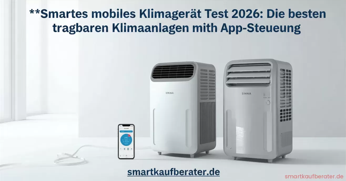 Ein modernes smartes mobiles Klimagerät im Wohnzimmer neben dem Fenster mit geöffneter App auf einem Smartphone.