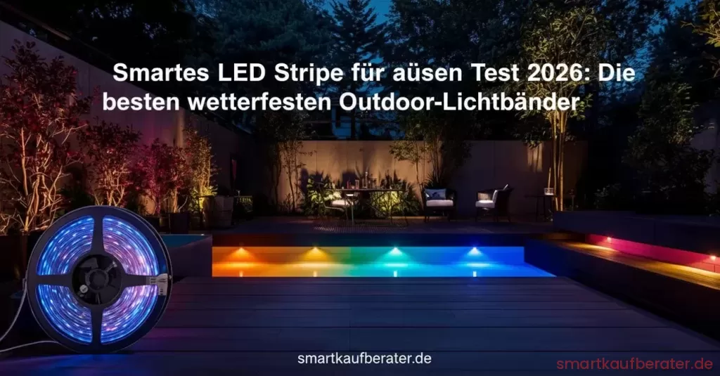 Ein montiertes smartes LED Stripe für außen an einer modernen Terrasse bei Nacht mit stimmungsvollem RGBIC-Licht und einer Smartphone-App im Vordergrund.