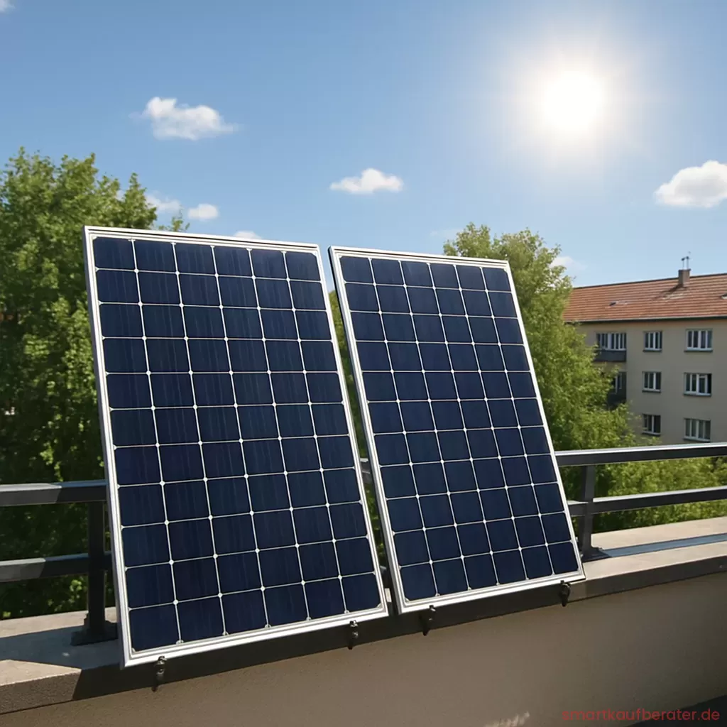 Modernes 800 Watt Balkonkraftwerk mit zwei Solarmodulen am Balkongeländer